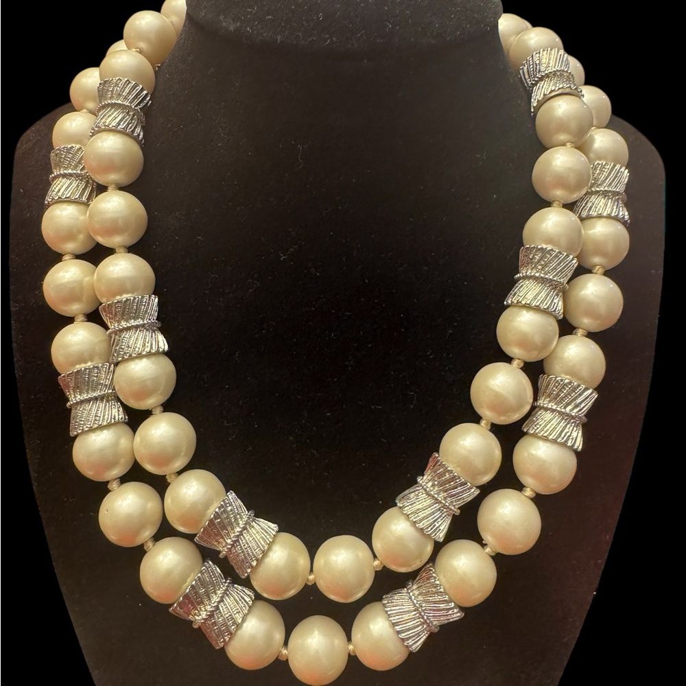 Talbots statement necklace 36” long pearl and silver